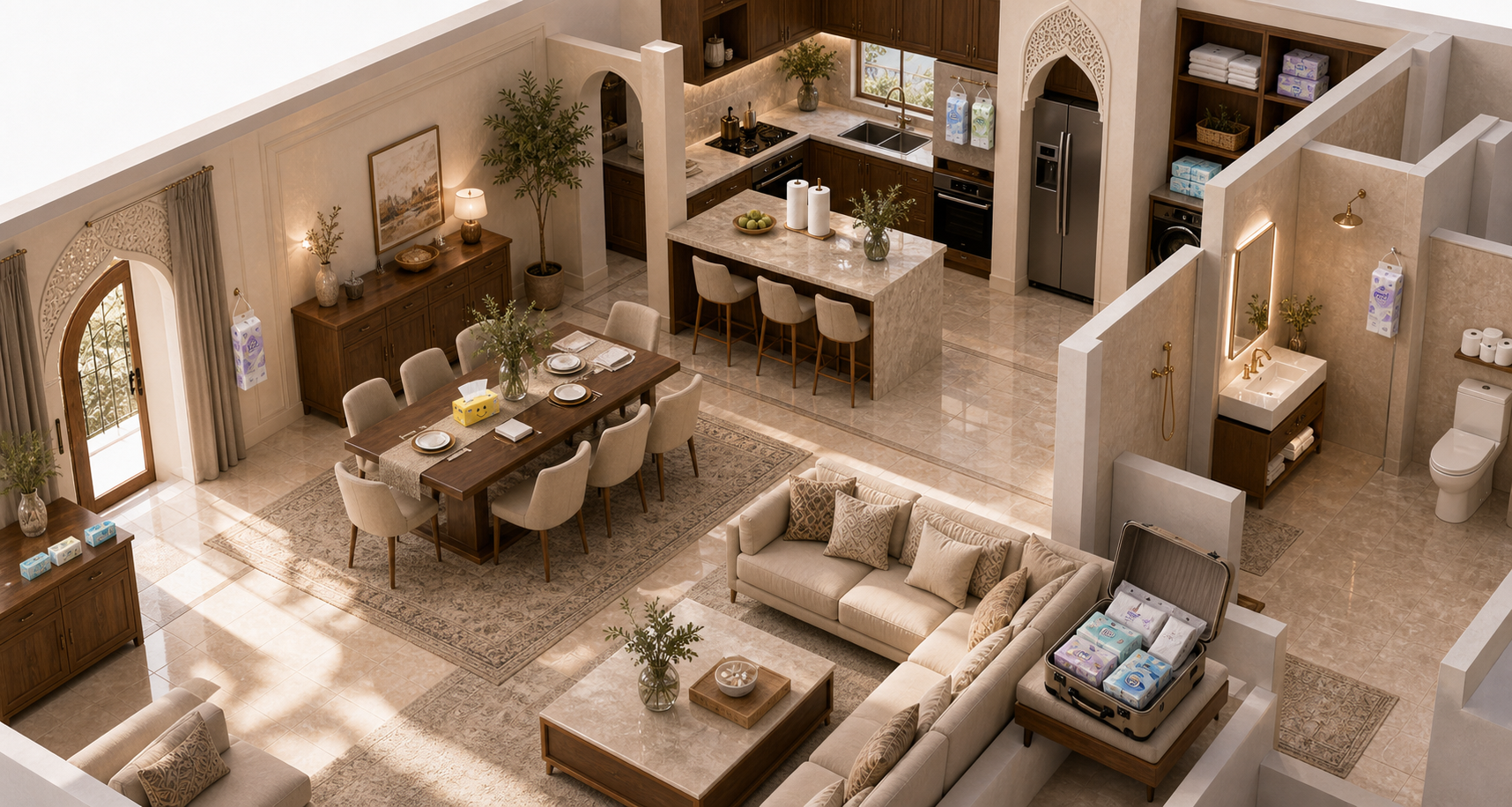 Immersive Saudi home floorplan showing paper product usage by room