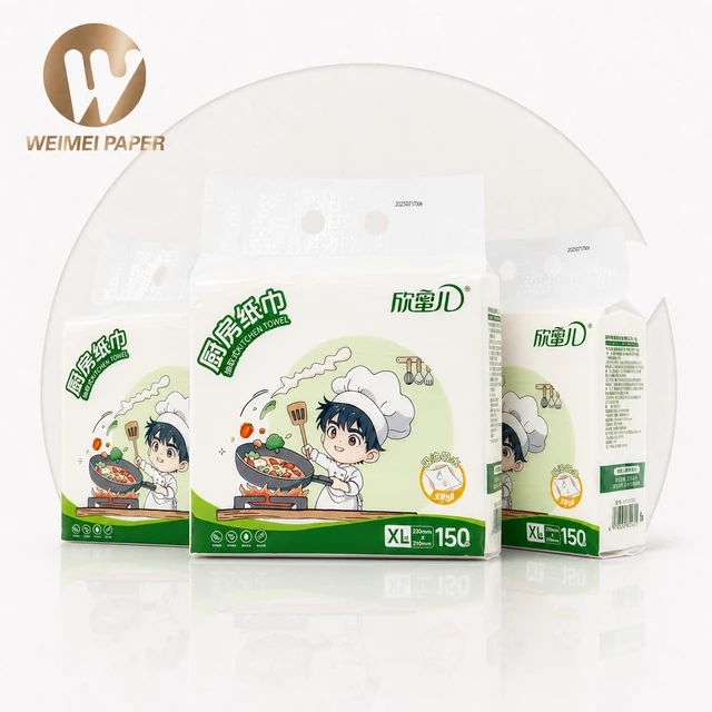 Hanging kitchen paper towel packs with green packaging